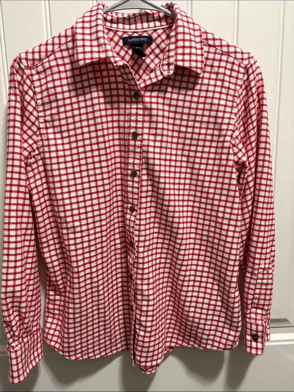 Lands’ End Women’s 6P Red White Plaid Cotton Flannel Shirt
